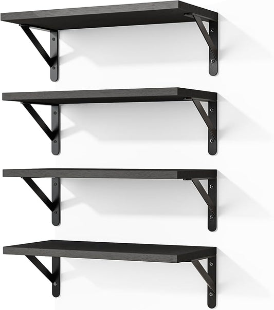 Fixwal Floating Shelves for Wall, Wood Wall Mounted Shelves for Bedroom, Bathroom, Living Room, Kitchen Storage and Decor(Black, Set of 4, 16.5 Inch)