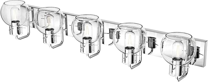 Tipace 5 Lights Stainless Steel Modern Bathroom Vanity Light Fixtures Over Mirror Chrome Industrial Vanity Lights with Globe Clear Glass Farmhouse Bath Lighting(Exclude Bulb)