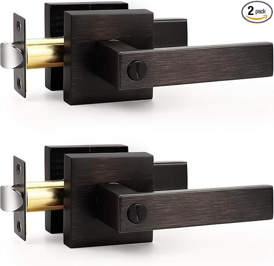 Probrico 2 Pack Privacy Lever Door Handles Square Locking Leverset [for Bedroom or Bathroom] Reversible for Right & Left Sided Doors Heavy Duty - Oil Rubbed Bronze