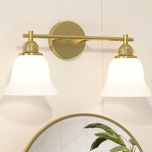 Bathroom Light Fixture, 2-Light Vanity Wall Sconce with Glass Shades, Gold Finish, Light Fixtures Over Mirror for Bathroom, Bedroom, Living Room, Hallway, 18inch