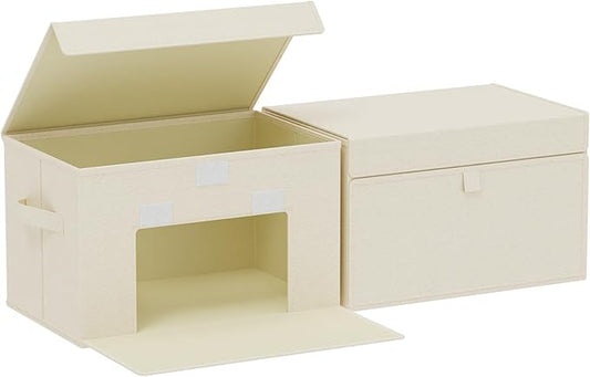 Convenient Storage Bins for Taking Clothes, Fabric Boxes with Flip Cover, Collapsible Organizer with Handles, Cube Baskets for Home, Bedroom, Closet, 15x9.8x9.8in, Beige, 2 Pack
