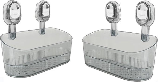 No Drill Bathroom Organizer with Strong Suction Cups, Heavy Duty Shower Organizer Holds 10lbs, Bathroom Shelf for Shampoo, Soap, Razor, Toothbrush (transparent gray 2pcs)
