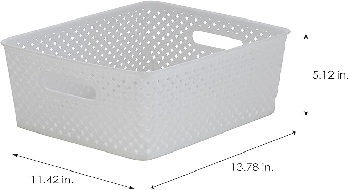 Simplify Medium Resin Wicker Tote | Storage Bin | Plastic Organizer | Carrying Handles | Bathroom | Pantry | Accessories | Cleaning Products | White