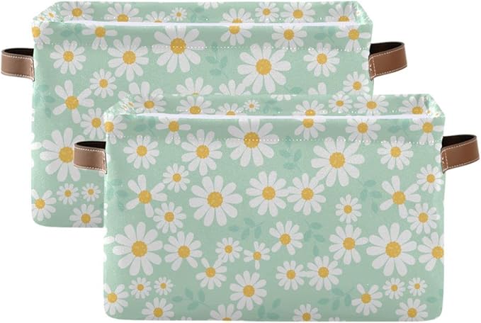 Daisy Flower Mint Green Rectangle Storage Basket Collapsible Storage Bin for Nursery Books Waterproof Baskets for Closet Shelves Bedroom Decor