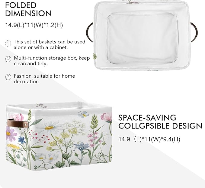 xigua Storage Basket Elegant Wildflowers Storage Bin with Handle, Large Storage Cube Collapsible for Shelves Closet Bedroom Living Room 1PC