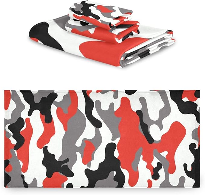 3 Piece Red Black Camo Bath Towels Set,Microfiber Decorative Camouflage Military Army Hunting Themed White Gray Bathroom Towels,1 Bath Towel 1 Hand Towel for Kitchen,1 Washcloth for Body Face