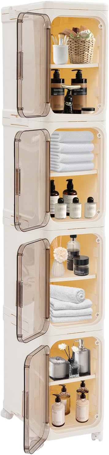 4-Tier Plastic Narrow Storage Cabinet with Movable Wheels & Doors, Tall Slim Bathroom Organizers and Storage Cabinet for Small Space, Bathroom, Kitchen, Laundry (White)