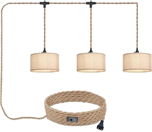 3 Light Plug in Pendant Lights Fabric Hanging Lamp Kit with Switch 22 Ft Long Hemp Rope Farmhouse Pndant Light Cord Lighting Fixture DIY Hanging Light