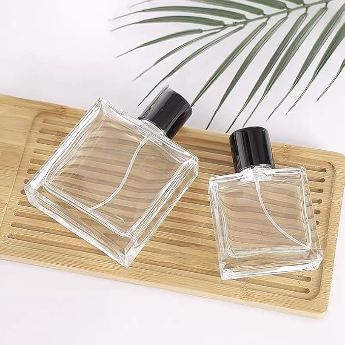 Empty Perfume Bottle Refillable 8PCS 50ml Glass Square Flat Clear Travel Spray Atomizer Container Perfume Fine Mist Spray Pump Bottles Dispenser for Essential Oil Liquid (Flat Square -8PCS)