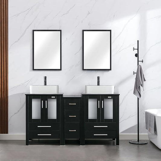 eclife 60" Modern Bathroom Vanity Sink Combo Freestanding Cabinet with Small Side Cabinet, White Black Ceramic Vessel Sink, Water Save Faucet, Drain (Black+T03BK)