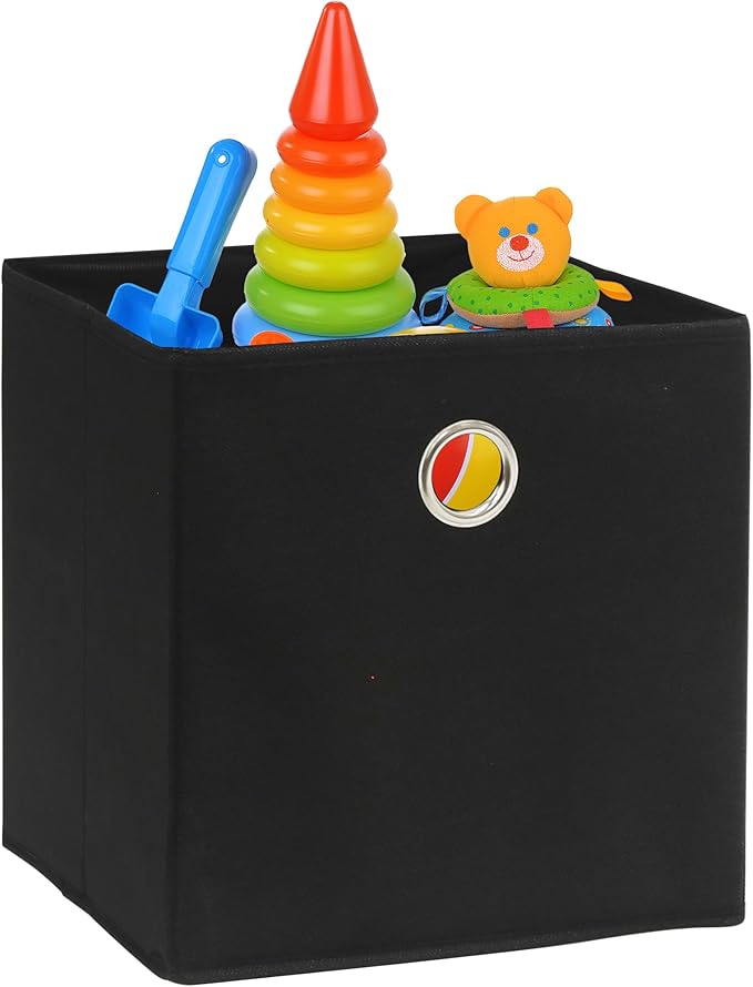 Simple Houseware 11-Inch Collapsible Fabric Cube Storage Bin with Handles, Printed Design, 6 Pack, Black