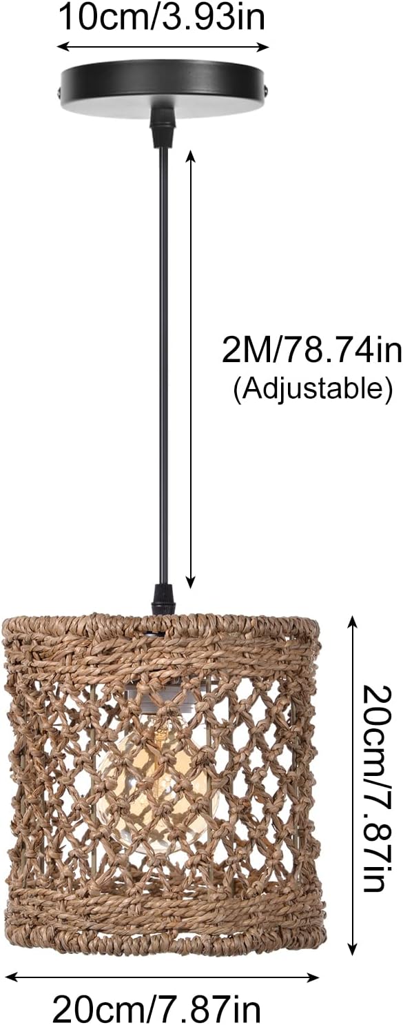 Arturesthome Boho Hand Woven Rattan Pendant Light Fixture, Mini Farmhouse Natural Chandelier Lighting, Retro Wicker Hanging Lamp for Kitchen Island D 7.8″*7.8″