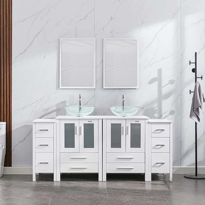 eclife 72" Modern Bathroom Vanity Sink Combo Freestanding Cabinet with Small Side Cabinet, Clear Round Glass Vessel Sink, Water Save Faucet, Drain (White+A16)