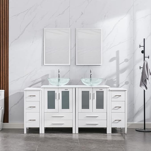 eclife 72" Modern Bathroom Vanity Sink Combo Freestanding Cabinet with Small Side Cabinet, Clear Round Glass Vessel Sink, Water Save Faucet, Drain (White+A16)