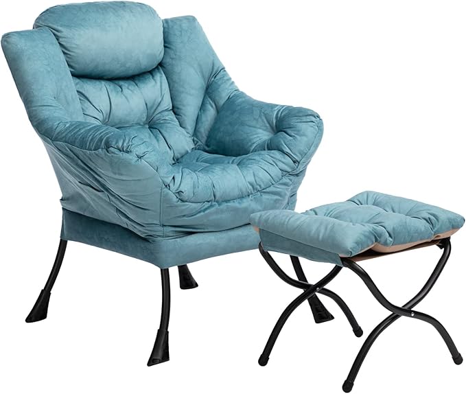 HollyHOME Lazy Chair with Foldable Ottoman, Accent Comfy Lounge Armchair and Folding Footrest Stool, Leisure Sofa Reading Chair and Footstool for Living Room, Bedroom, Dorm,Blue