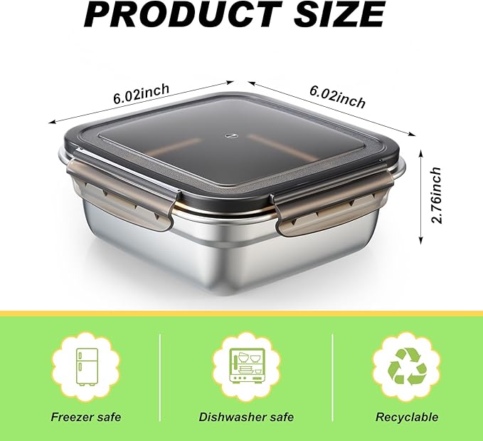 4 Pack Stainless Steel Sandwich Containers with Lids 25.4 oz Metal Food Container for Lunch Boxes with Airtight Silicone Seal for Sandwiches and Snacks(Black)