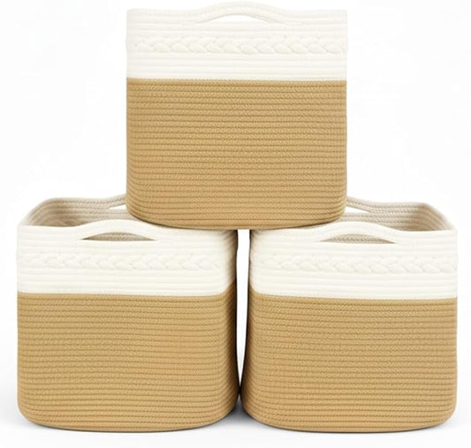danpinera 3-Pack Cube Storage Bins, 13"x13" Cotton Rope Woven Baskets for Organizing, Square Storage Baskets for Shelves, Books, Towels, Clothes, Toys, White & Khaki