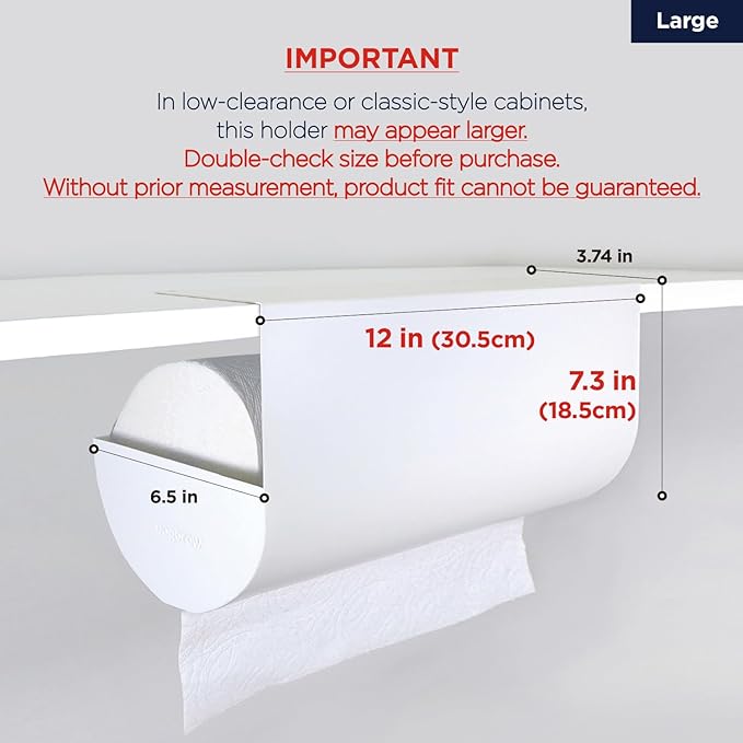 Paper Towel Holder - Under Cabinet, No-Drill Self-Adhesive Hanging Rack, Easy Tear, Space-Saving Sleek Metal Kitchen Roll Dispenser, Wall-Mount Look, Kitchen Storage & Organization - White