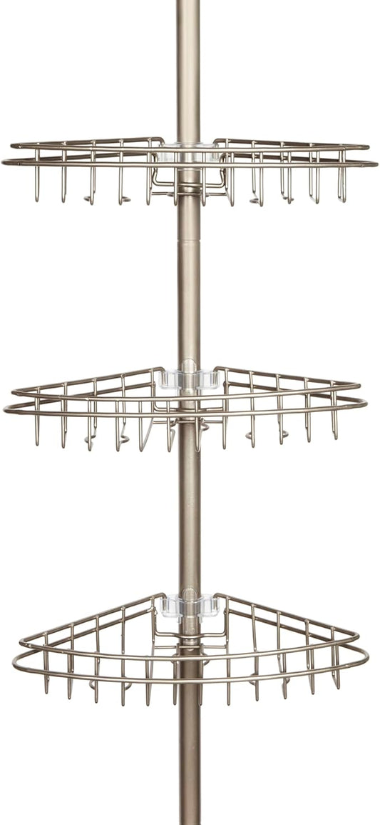Kenney KN61520 Adjustable Height (5'-9') Spring Tension Metal Corner Pole Shower Caddy with 3 Adjustable Rust-Proof Basket Shelves, Towel Bars, and Razor Holders for Bathroom Shower, Satin Nickel