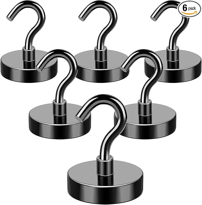 MIKEDE Magnetic Hooks, 85LB+ Strong Magnets Hooks Heavy Duty, Black Magnetic Hooks Fridge Magnets Neodymium with Hooks, Garage Hooks for Cruise, Classroom, Home, Kitchen - 6 Pack
