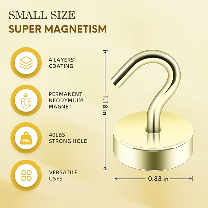 Neosmuk Magnetic Hooks, Cruise Ship Essentials, 4lb+ Heavy Duty Magnetic Hooks for Cruise Cabins, Refrigerator, Grill, Hanging, and Travel | Extra Strong Must-Haves Magnet Hook,Gold,Pack of 4