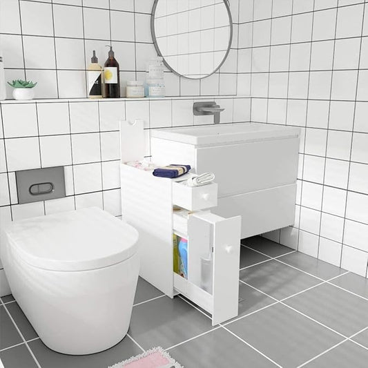 White Slim Bathroom Cabinet Toilet Paper Storage, 18.89”D X 22.83”H X 6.69”W Free Standing Under Sink And Slide Out Drawer Organizer - Narrow Cabinets Shelves For Pantry, Kitchen