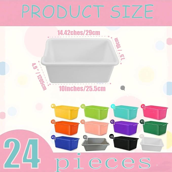 24 Pack Plastic Cubby Bins, Stackable Storage Bins with Adhesive Label Toy Book Organizer Baskets for Classroom, Library, Playroom, Home & Office Organization (Twelve Colors)