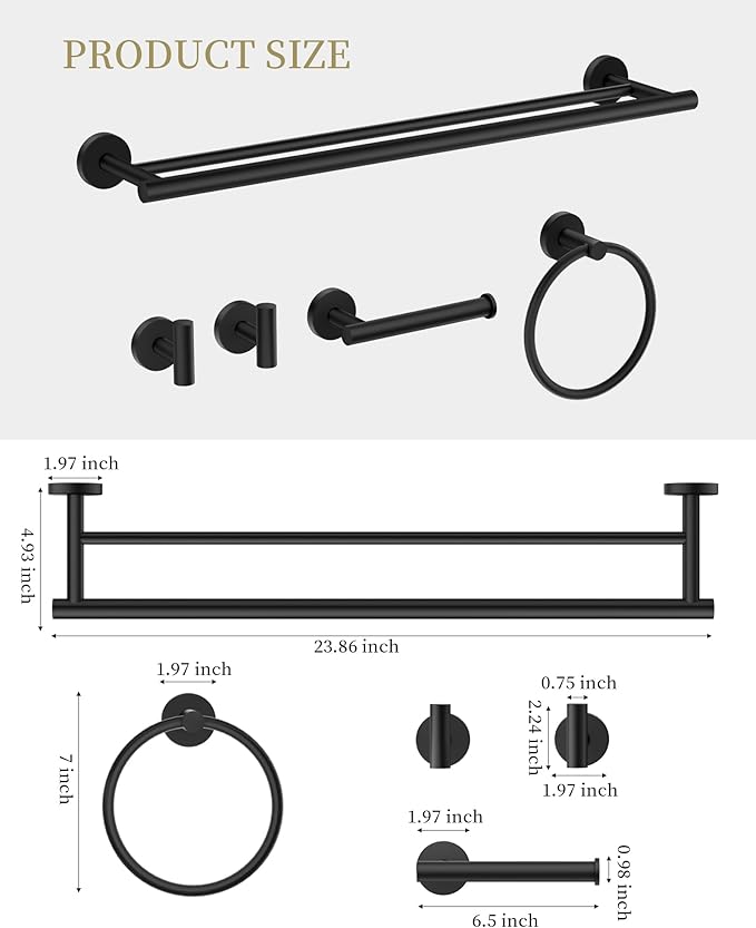 Bathroom Hardware Accessories Set 5 Pieces Matte Black 24" SUS 304 Stainless Steel Bath Double Towel Holder Bar Set Towel Rack Combination Wall Mounted for Kitchen, Laundry, Bedroom