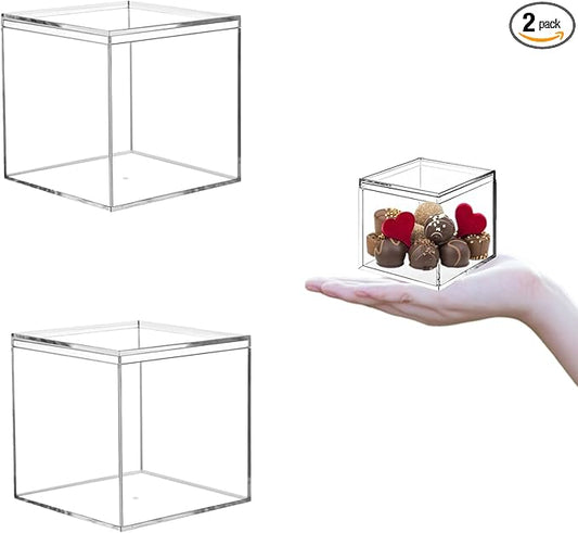 KissYou Acrylic Box with Lid 2 Pieces Small Clear Square Cube Small Mini Storage Box Plastic Containers Weddings, Party Gift Candy Boxes