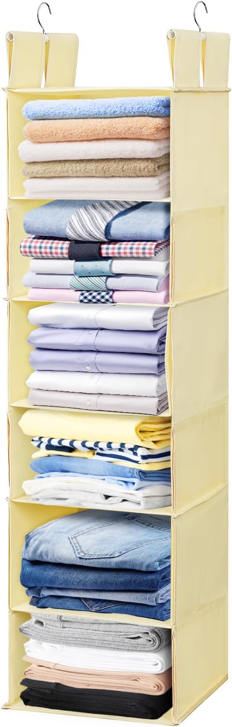 Posprica Interchangeable Hanging Closet Organizer – 6 Slim Tiers or 3 Spacious Compartments, Foldable Dual-Sided Fabric Shelf for Wardrobe, RV, Dorm(Beige)
