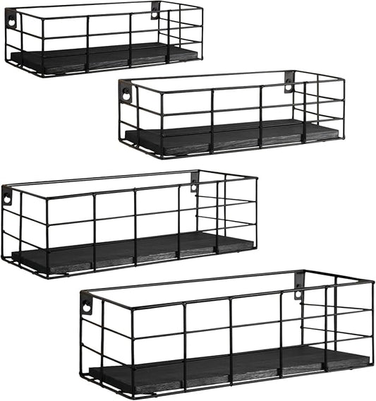 Fixwal 4 Set Floating Shelves - Hanging Wall Mounted Shelves for Living Room, Kitchen, Bedroom & Bathroom - Decorative Storage (Black)