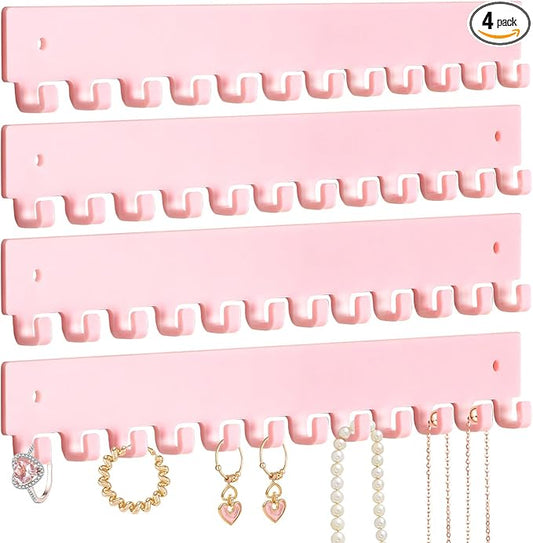 Acrylic Necklace Holder 4 Pack Wall Mounted Necklace Organizer Hanging Jewelry Organizer with 12 Hooks for Necklaces, Bracelets, Rings and Bangles Display Pink