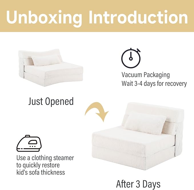 Tiita Convertible Folding Kids Sofa Bed with Pillow & Storage Bag, Plush Fabric Floor Mattress Couch Bed, Washable Cover, Kids Room, Playroom, Dorm, Apartment, Beige