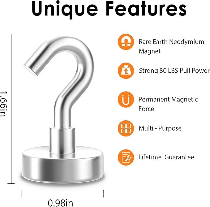 Magnetic Hooks Heavy Duty, 80 lbs Strong Hooks for Hanging, Magnet with Hook for Cruise, Grill, Fridge, Pack of 6, Silver