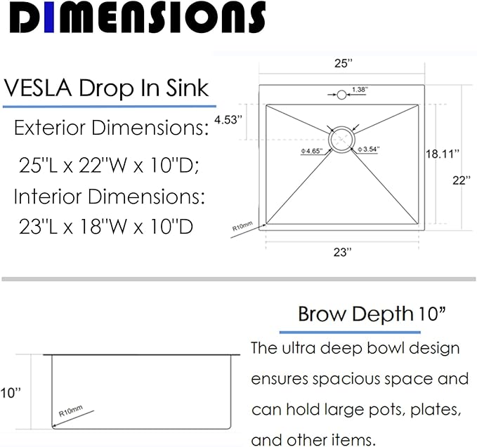 25 Inch Black Drop In Kitchen Sink, 25 x 22 Inch16 Gauge Single Bowl Stainless Steel Handmade Topmount Black Sink RV Bar Sink Basin with Accessories