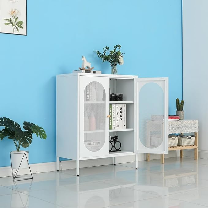 White Metal Locker Storage Accent Cabinets with 2 Adjustable Shelves, 3 Tier Metal Storage Cabinet with Legs, Steel Cupboard Lockers for Kids Bedroom, Home, Office, Entryway, Kitchen (Mash Door)
