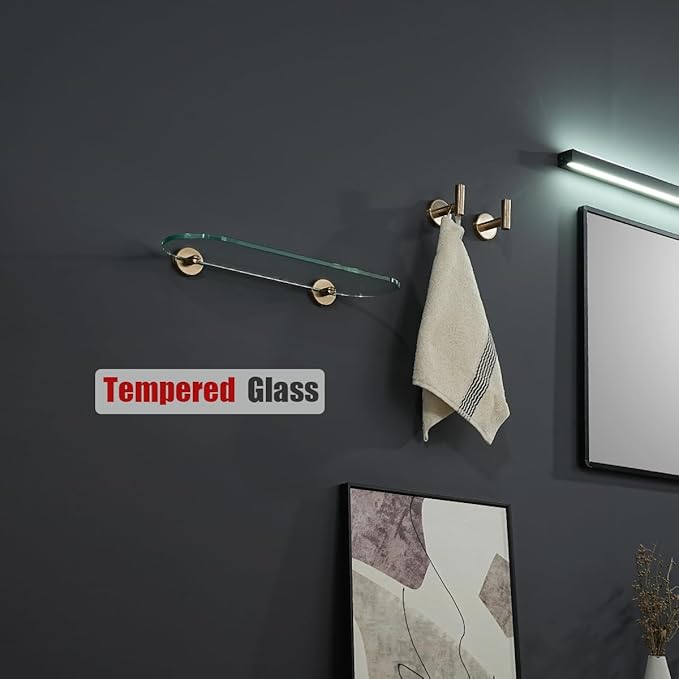 JQK Bathroom Glass Shelf, Tempered Glass Shower Storage 16 by 5 inches, 304 Stainless Steel Champagne Bronze Wall Mount, TGS121L16-CB