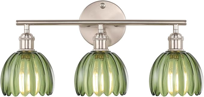 Bathroom Light Fixtures, 3-Light Vanity Wall Light Over Mirror with Green Tulip Glass Shade for Bedroom Living Room (Bulb Not Included), Satin Nickel