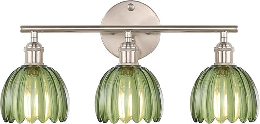 Bathroom Light Fixtures, 3-Light Vanity Wall Light Over Mirror with Green Tulip Glass Shade for Bedroom Living Room (Bulb Not Included), Satin Nickel