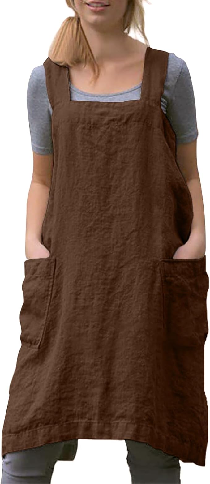 Women Apron with 2 Pockets Cotton Linen Kitchen Baking Cooking Chef Cross Back Pinafore Dress