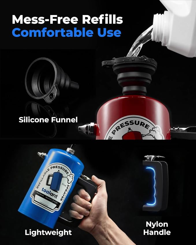 toolant 32 oz Refillable Pressurized Sprayer, Steel Canister, Rust-Resistant Lining, Needle Valve Leak-Resistant, 1.0/0.6 mm Nozzles, Funnel Included, 200 PSI Max, for Brake Cleaner & Solvents, 2 pcs