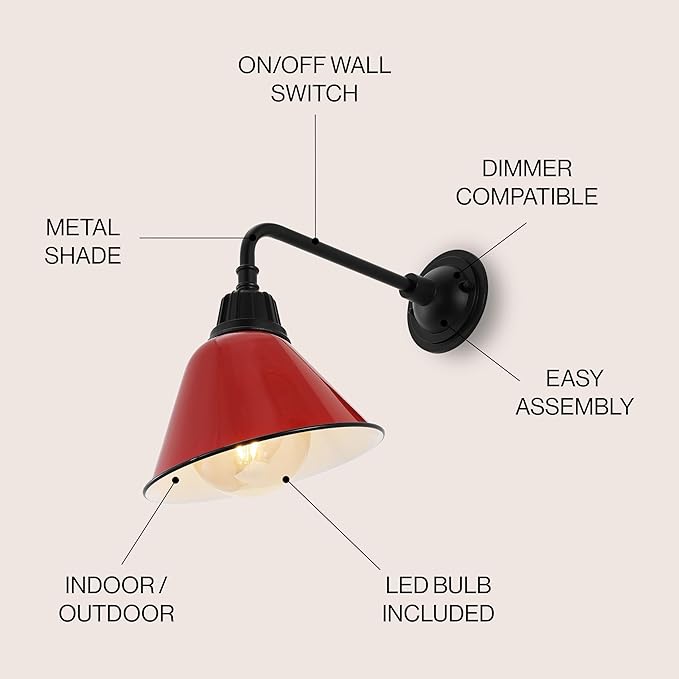 JONATHAN Y JYL7612E Croydon 9.63" 1-Light Farmhouse Industrial Indoor/Outdoor Iron LED Gooseneck Arm Outdoor Sconce Metal Bell Shade Vintage Cottage Rustic Porch Patio Yard Barn, Red