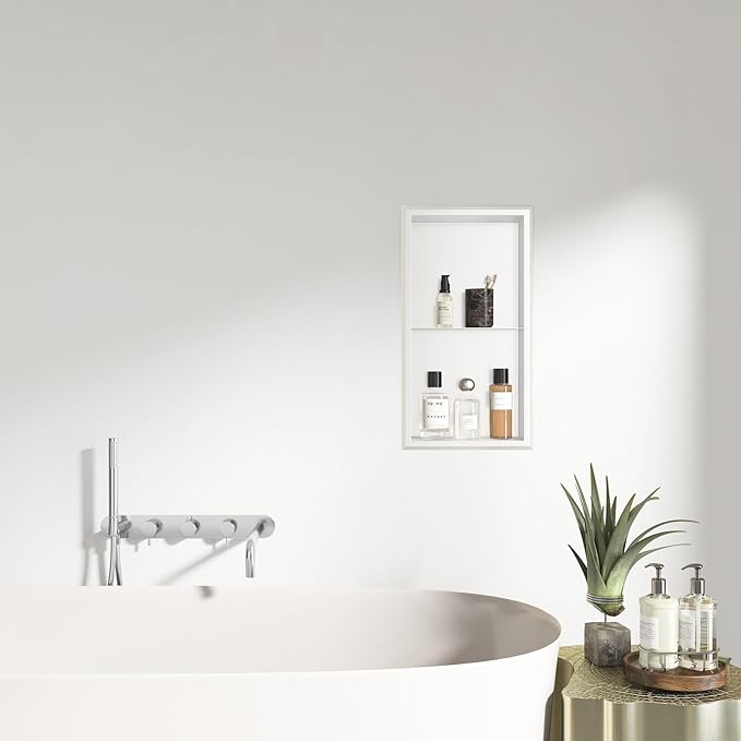Shower Niche, 12" x 24" White Bathroom Niche, No Tile Needed Wall Niche, Double Shelves Bathroom Organizer, Modern in Wall Two-Tier Niches, 304 Stainless Steel Recessed Shower Shelf
