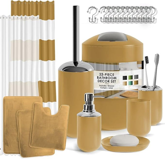 Clara Clark Bathroom Set – Bathroom Sets with Shower Curtain and Rugs, Soft Bathroom Rugs Non Slip, 23PC Gold Bathroom Accessories Set Complete with Bath Rugs, Shower Curtain Set with Liner and Hooks