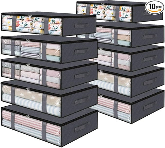 Under Bed Storage Bags 10 Pack, 40L Large Clothes & Comforter Storage Containers with Clear Window, Breathable Fabric Organizer for Blankets, Bedding, Seasonal Clothing, Grey