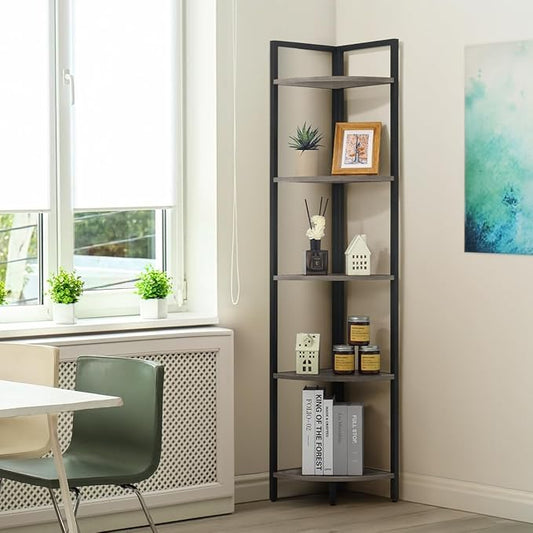CAPHAUS 5 Tier Corner Shelf, 59.1-Inch Tall Corner Bookshelf, Corner Display Rack with Metal Frame, Round Corner Shelf Unit Rack, Tall Corner Stand for Bathroom, Living Room, Home, Office, Dark Grey