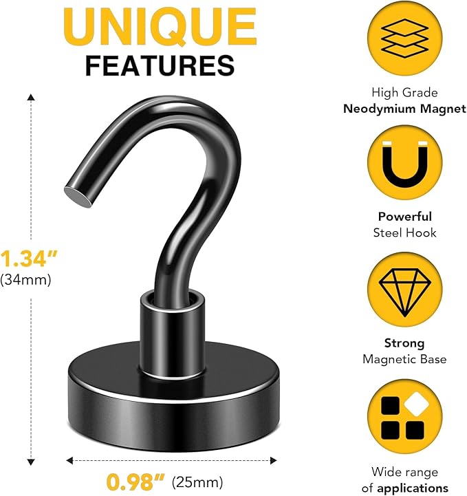 DIYMAG Magnetic Hooks,10pack Magnet Hook Essentials Strong Heavy Duty Magnetic Hooks for Hanging Kitchen Refrigerator Classroom Cruise Cabins Accessories Hooks Black
