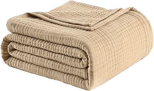 Muslin Blanket 100% Cotton Blanket Throw 66”x90”, Lightweight Breathable Summer Blanket Throw. Supersoft 4-Layer Gauze Throw Blanket for Sofa, Couch, Bed, All-Season Use, Sand
