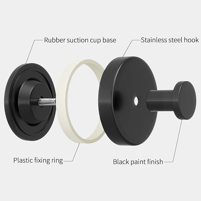 Suction Cup Hooks for Shower, Bathroom, Hanging Towels, Robe, Loofah, Mounting on Glass Shower Doors, Tile, Mirrors, Black, Rubber Suction Cup, 2 Pack