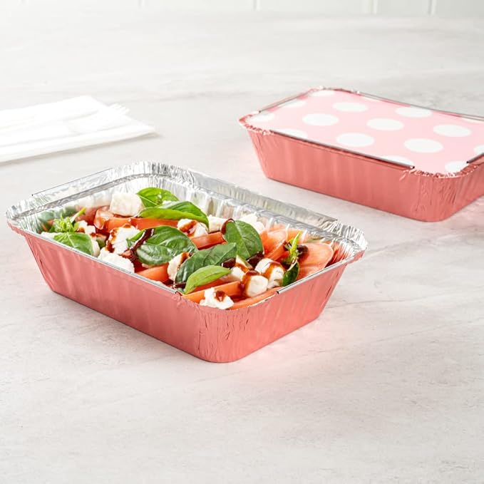 Restaurantware-16 Ounce Disposable Takeout Containers, 50 Rectangle Food Containers - With Polka Dot Lids, Pink Takeaway Containers, Aluminum Delivery Containers, Freezable